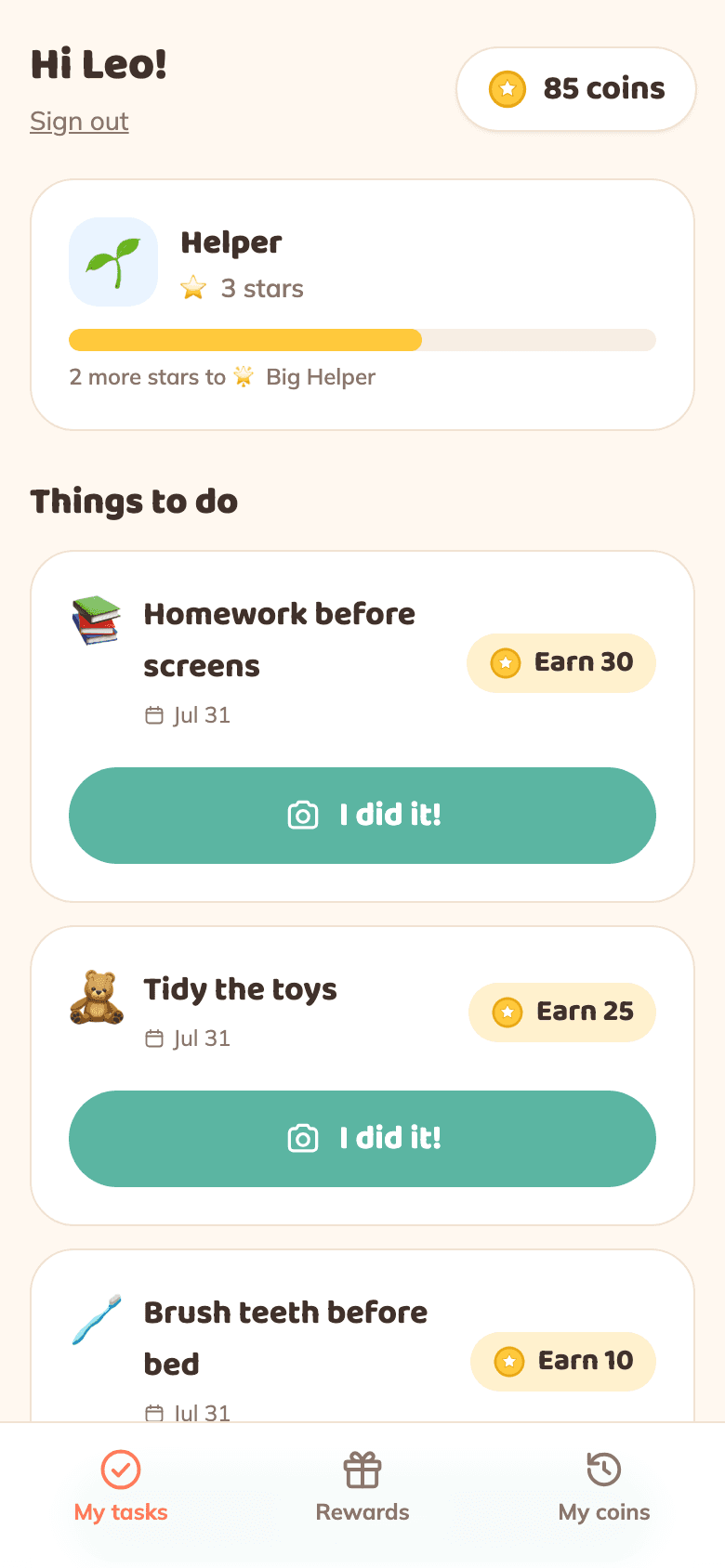 Kid mode: their own tasks, coins and levels